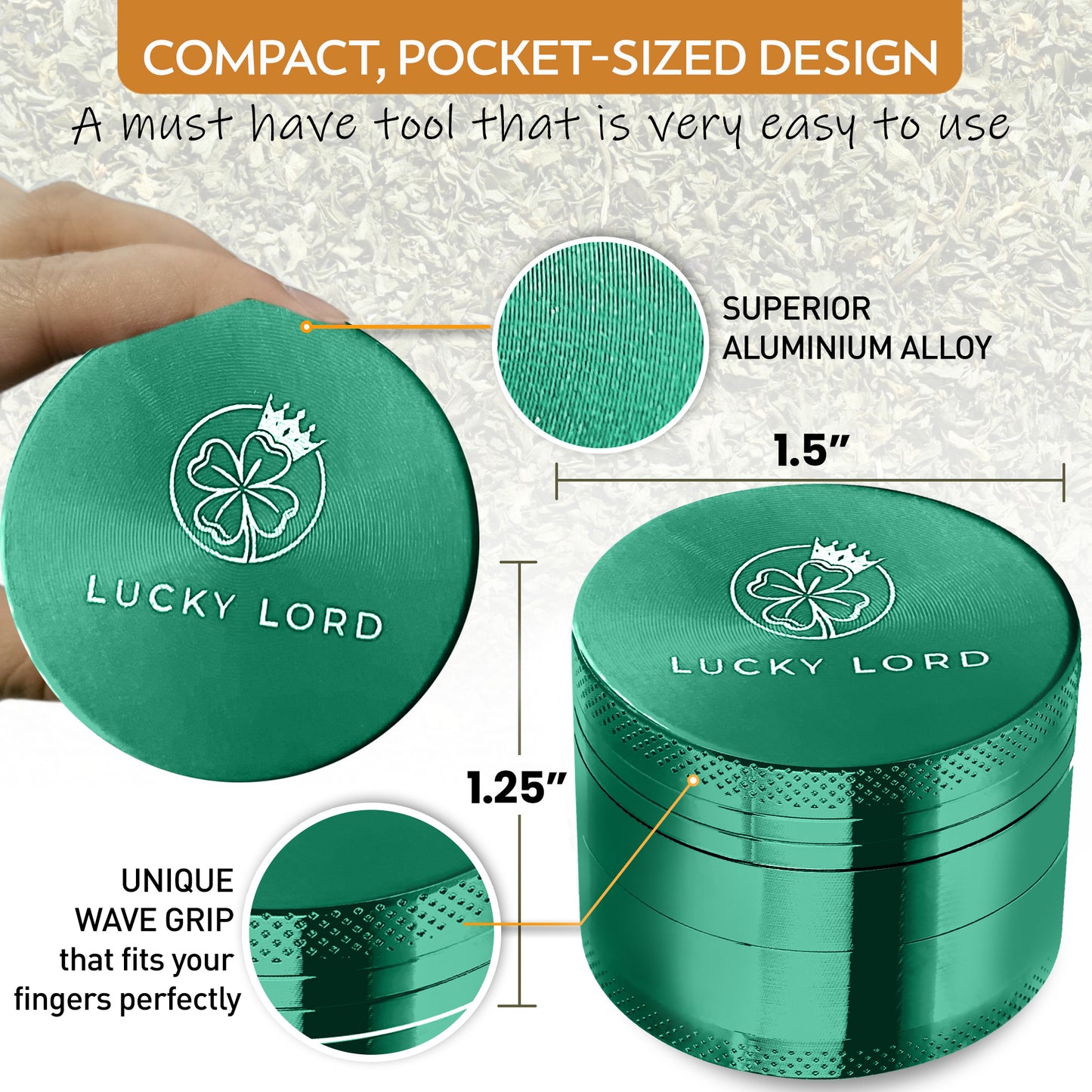 Lucky Lord Spice Herb Tobacco Grinder 1.5 Inch 4 Piece Crusher Aluminum Grinder