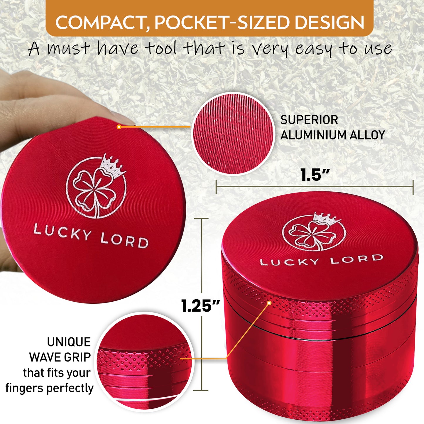 Lucky Lord Spice Herb Tobacco Grinder 1.5 Inch 4 Piece Crusher Aluminum Grinder