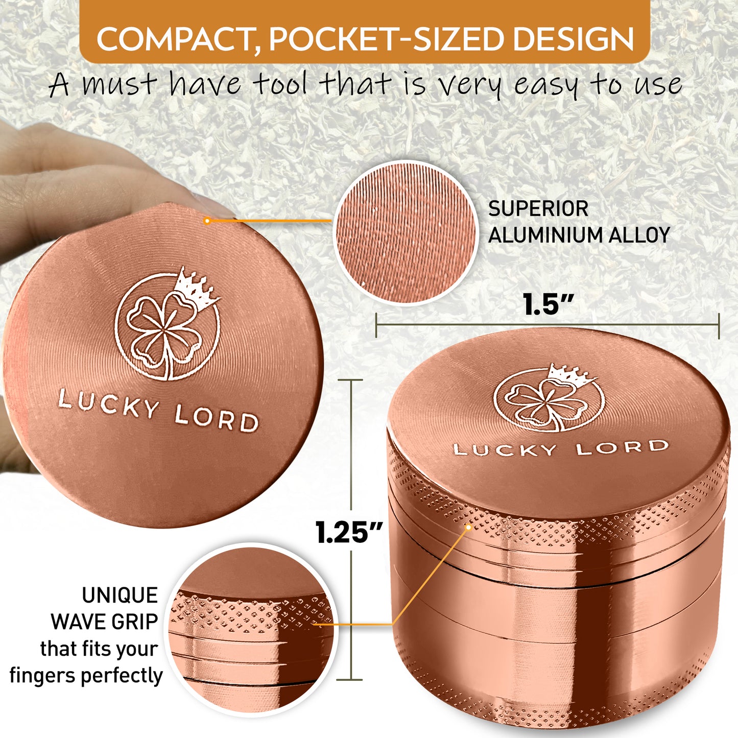 Lucky Lord Spice Herb Tobacco Grinder 1.5 Inch 4 Piece Crusher Aluminum Grinder